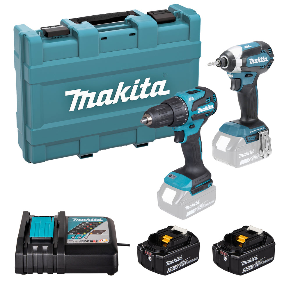 Makita DLX2537ST 18V LXT Brushless Twin Pack Kit β DHP485 Combi Drill + DTD153 Impact Driver, 2x 5.0Ah Batteries, Charger & Makpac Case