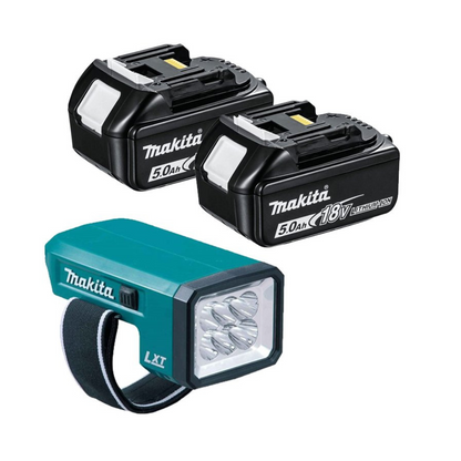 Makita 18V 5.0Ah Battery Pack (Twin Pack BL1850) + Portable LED Work Light – Bundle