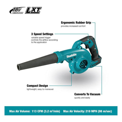 Makita DUB185 18V LXT Cordless Blower with Dust Collection Bag & 2x 5.0Ah Battery Packs