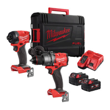Milwaukee M18 FUEL 18V Cordless Twin Pack – Combi Hammer Drill & Impact Driver with 2×5.0Ah Batteries, Charger & Carry Case
